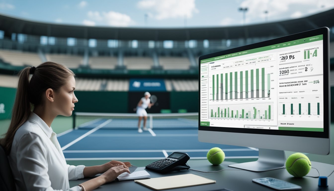 Seorang analis memeriksa data statistik pertandingan tenis di depan layar, dengan lapangan tenis dan pemain di latar belakang.