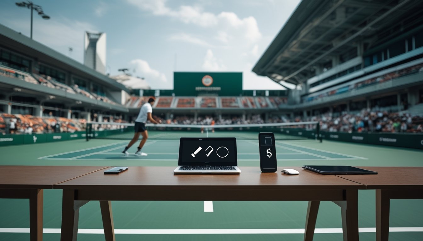 Pertandingan tenis profesional berlangsung di stadion modern dengan perangkat digital di sisi lapangan.