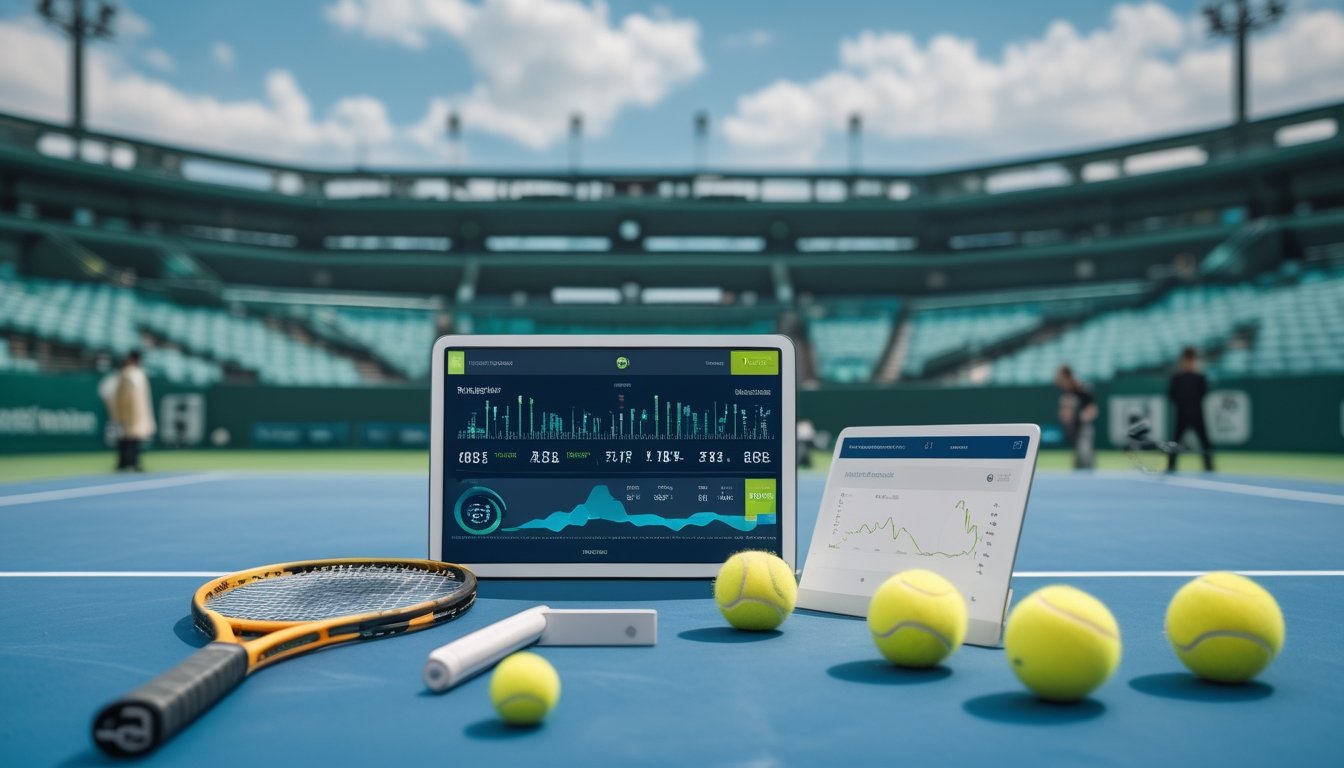 Analis meninjau data pertandingan tenis di samping lapangan keras dengan raket dan bola tenis.