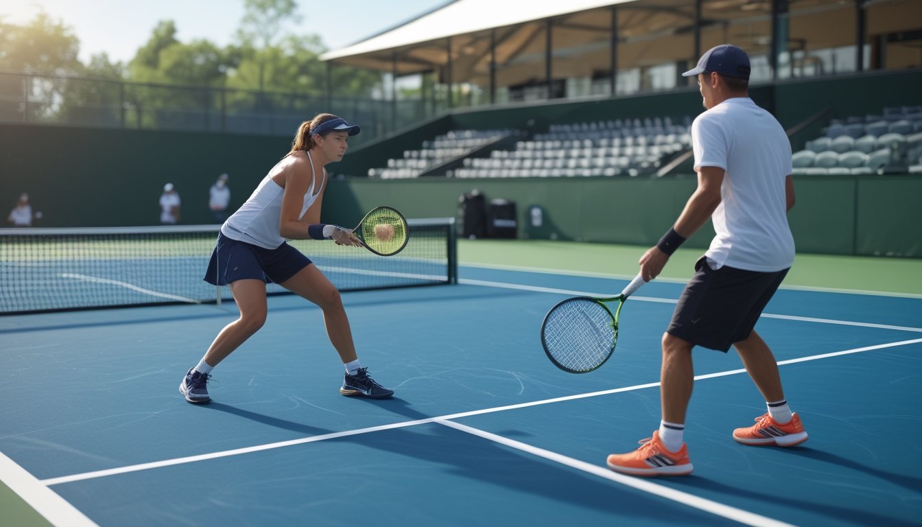 Dua pemain tenis bertanding di lapangan keras dengan stadion Flushing Meadows di latar belakang.