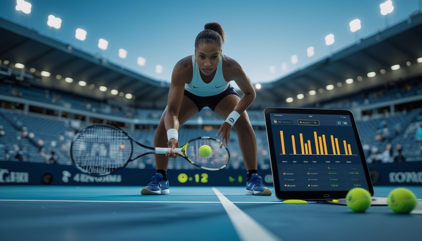 Petenis putri bersiap melakukan servis di lapangan keras dengan tablet analitik dan bola tenis di dekatnya.