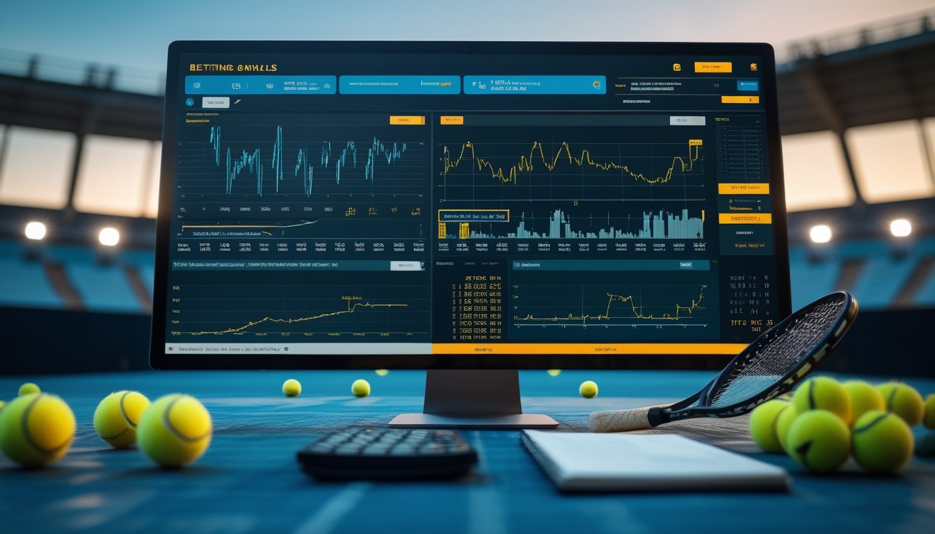 Meja analisis dengan raket tenis, bola tenis, dan layar berisi grafik probabilitas pertandingan tenis.