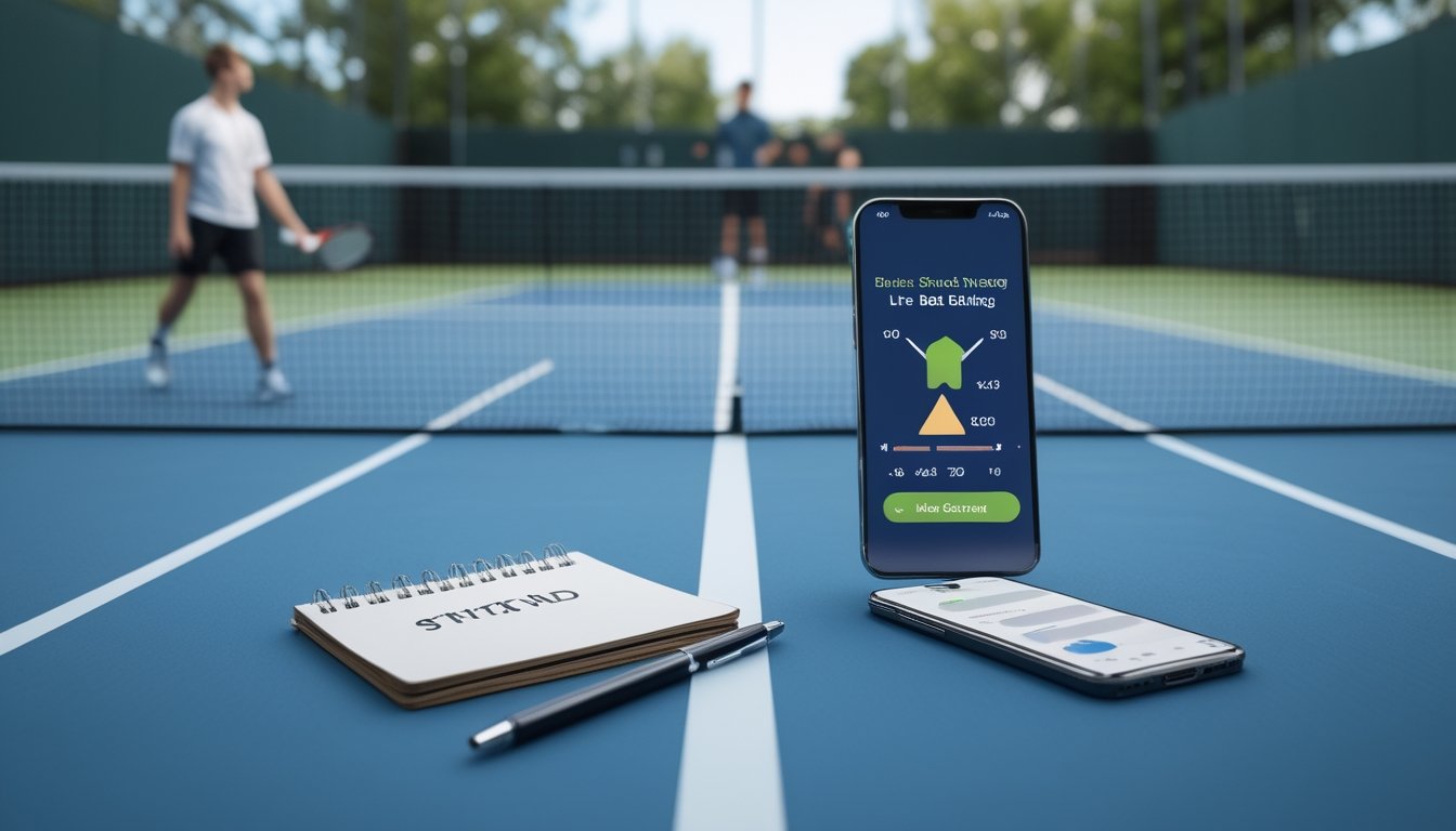 Pemain tenis bertanding di lapangan keras dengan ponsel yang menampilkan statistik pertandingan.