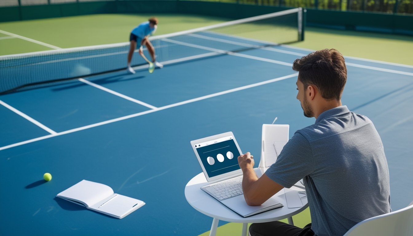Seorang pengamat memperhatikan pertandingan tenis di lapangan keras sambil menggunakan tablet dan mencatat.