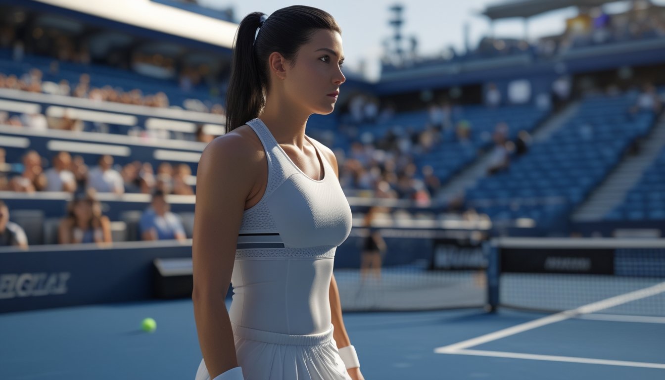 Petenis putri berdiri fokus di lapangan keras stadion tenis sebelum memainkan poin semifinal.