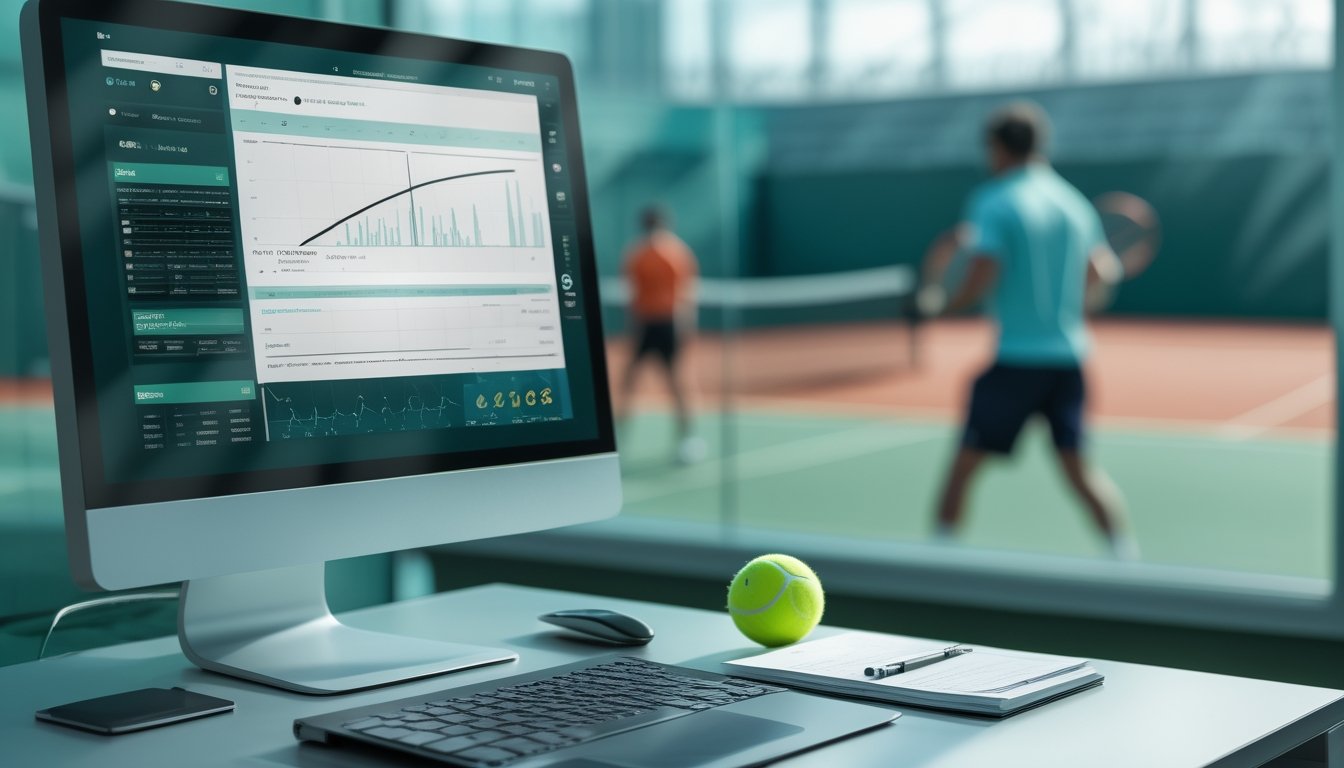 Analis olahraga menganalisis data pertandingan tenis di meja kerja dengan lapangan tenis terlihat di latar belakang.