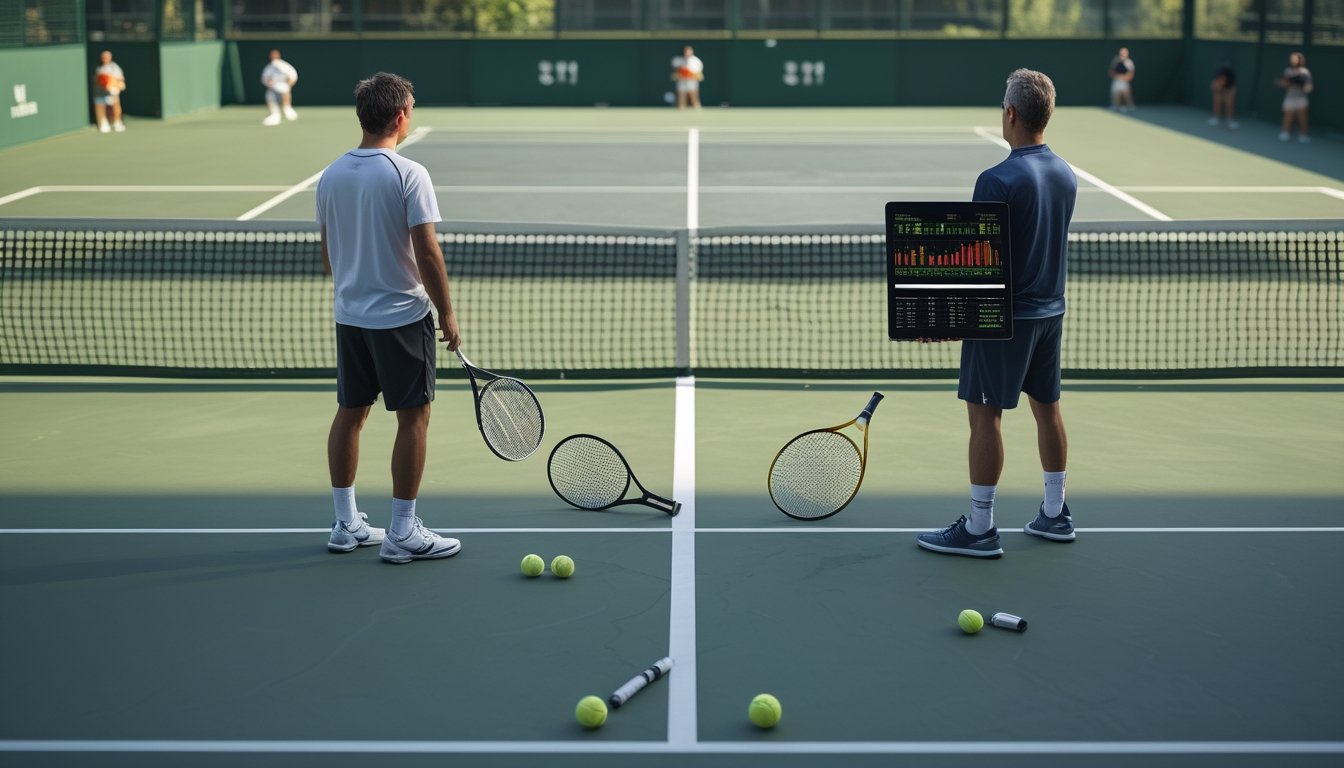 Dua pemain tenis bertanding di lapangan, sementara seorang analis mengamati statistik pertandingan melalui tablet.