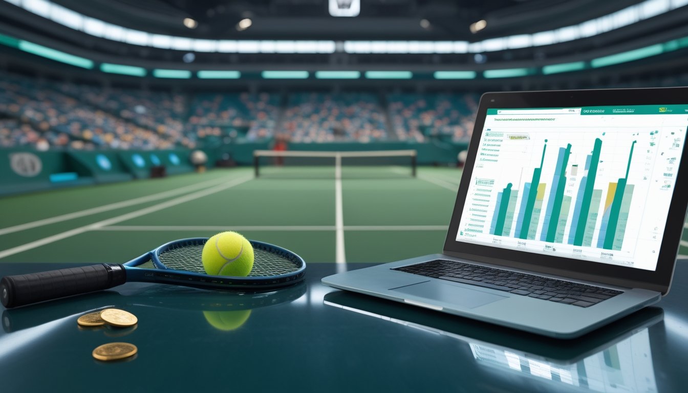 Perlengkapan tenis dan perangkat analisis olahraga terlihat di ruang kerja modern dengan latar pertandingan tenis.