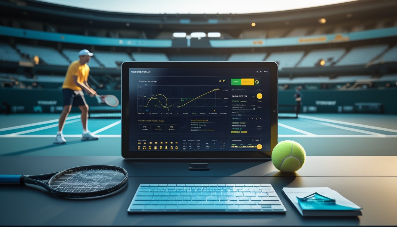 Pemain tenis bertanding di lapangan dengan ponsel dan perlengkapan tenis di meja depan.