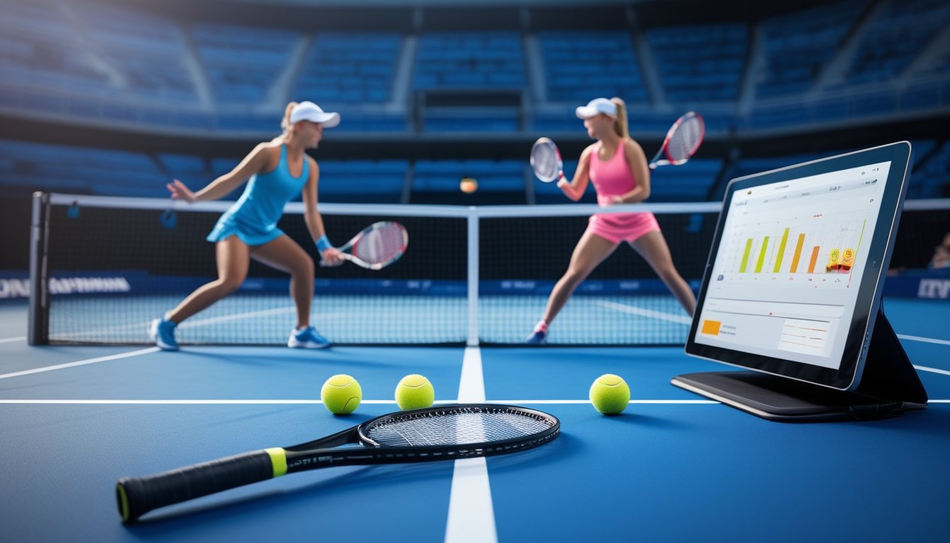 Dua pemain tenis profesional bertanding di lapangan dengan perlengkapan analisis pertandingan di latar depan.
