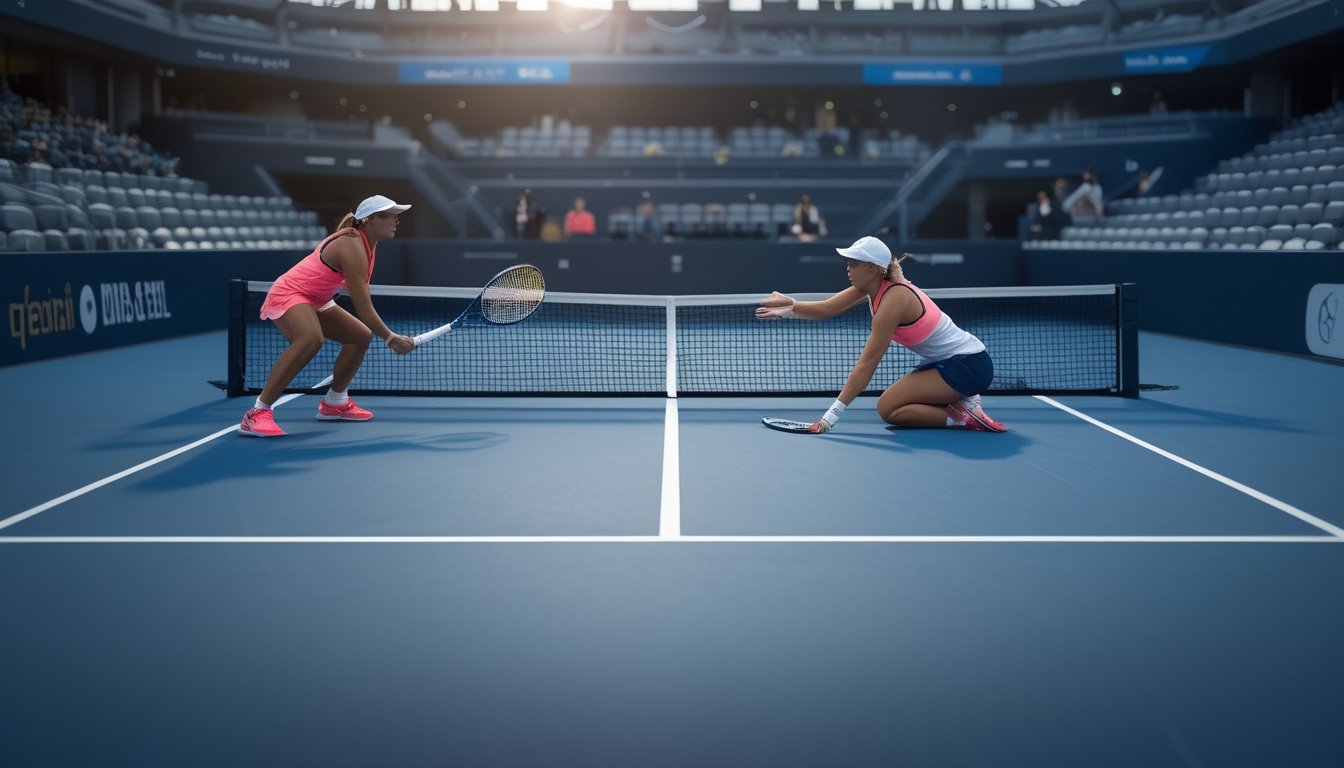 Dua atlet tenis wanita bertanding sengit di lapangan dalam set penentuan.