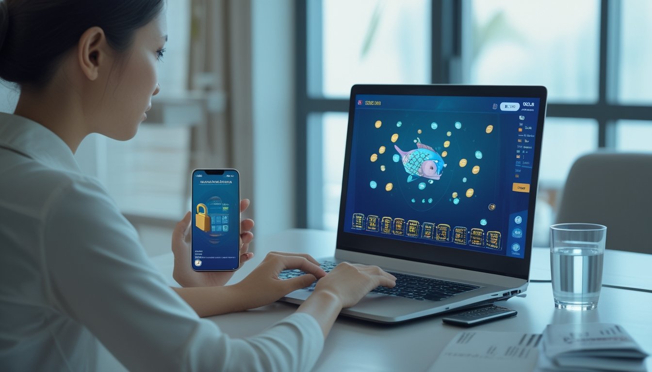 Pengguna Indonesia memeriksa platform permainan ikan daring dengan laptop dan ponsel di ruang kerja.