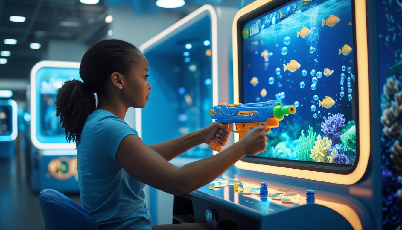 Seorang pemain dewasa memainkan permainan tembak ikan di mesin arcade dengan latar layar bawah laut berisi ikan dan terumbu karang.