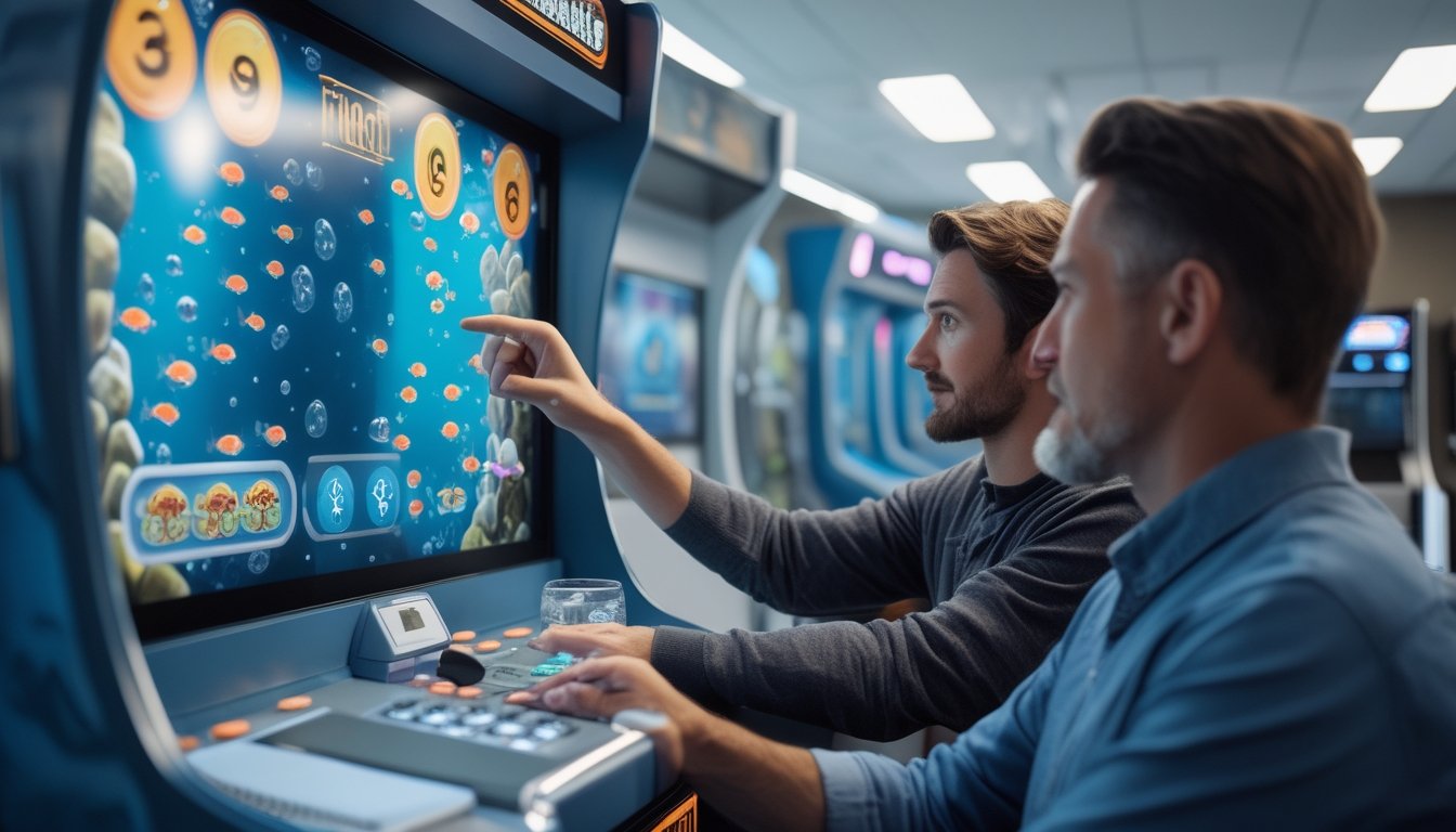 Seorang pemula mempelajari permainan tembak ikan di mesin arcade bersama seorang pendamping.