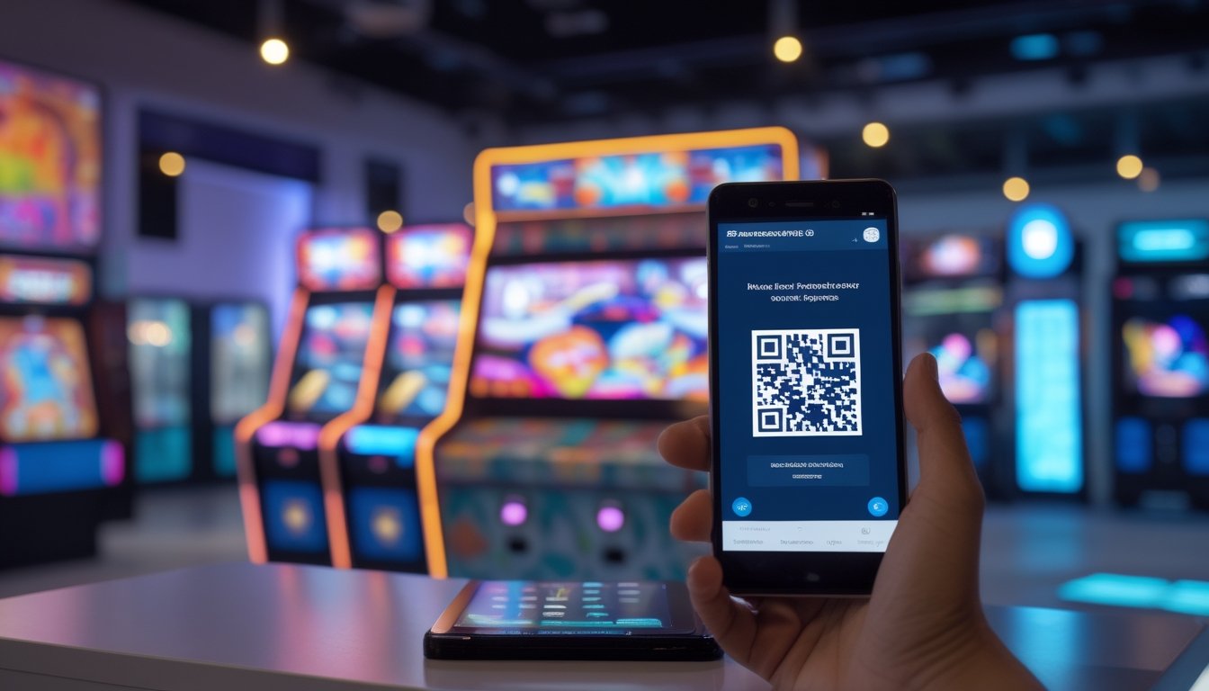 Ponsel menampilkan pola QR pembayaran di dekat mesin permainan bertema ikan dalam ruang hiburan modern.