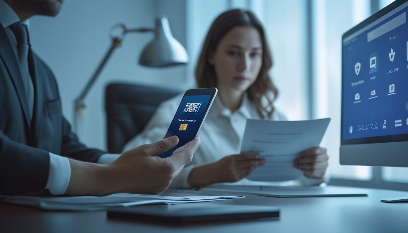Seorang konsumen memeriksa pembayaran digital sementara penasihat meninjau dokumen perlindungan konsumen di ruang kerja.