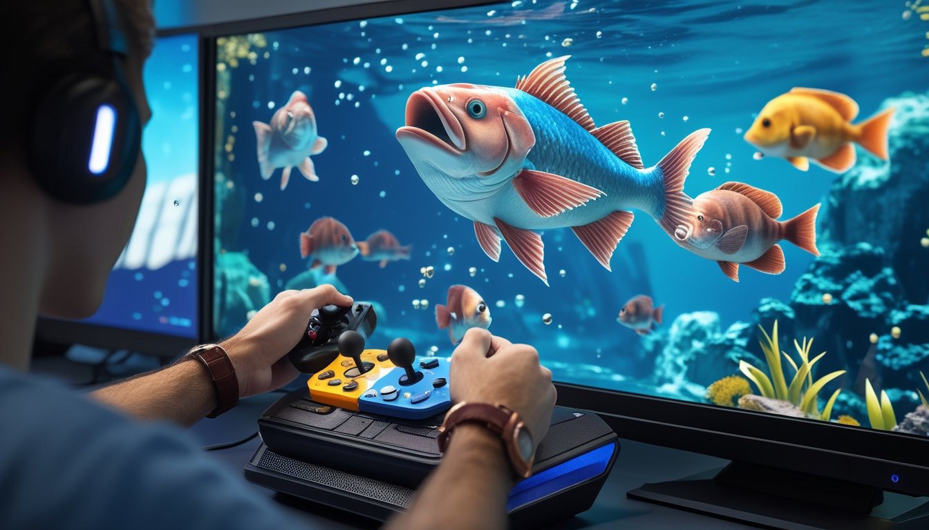 Pemain mengendalikan permainan arcade untuk menembak ikan besar di lingkungan bawah laut.
