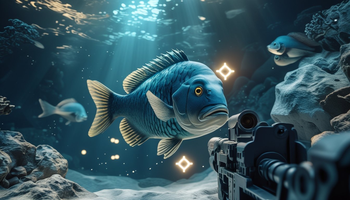 Seekor ikan boss besar menjadi sasaran meriam arcade bawah laut di antara ikan-ikan kecil dan terumbu karang.