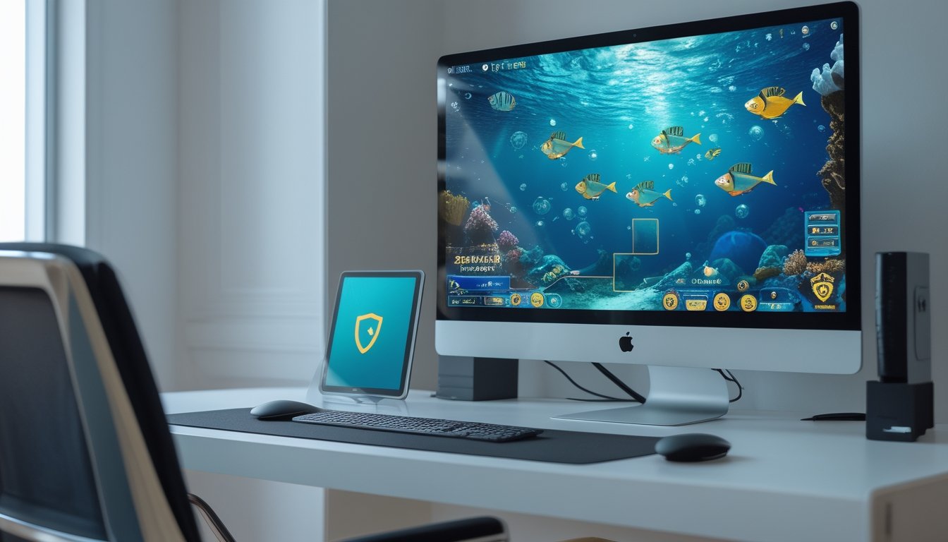 Meja kerja modern dengan monitor menampilkan permainan ikan bawah laut dan ponsel di sampingnya.