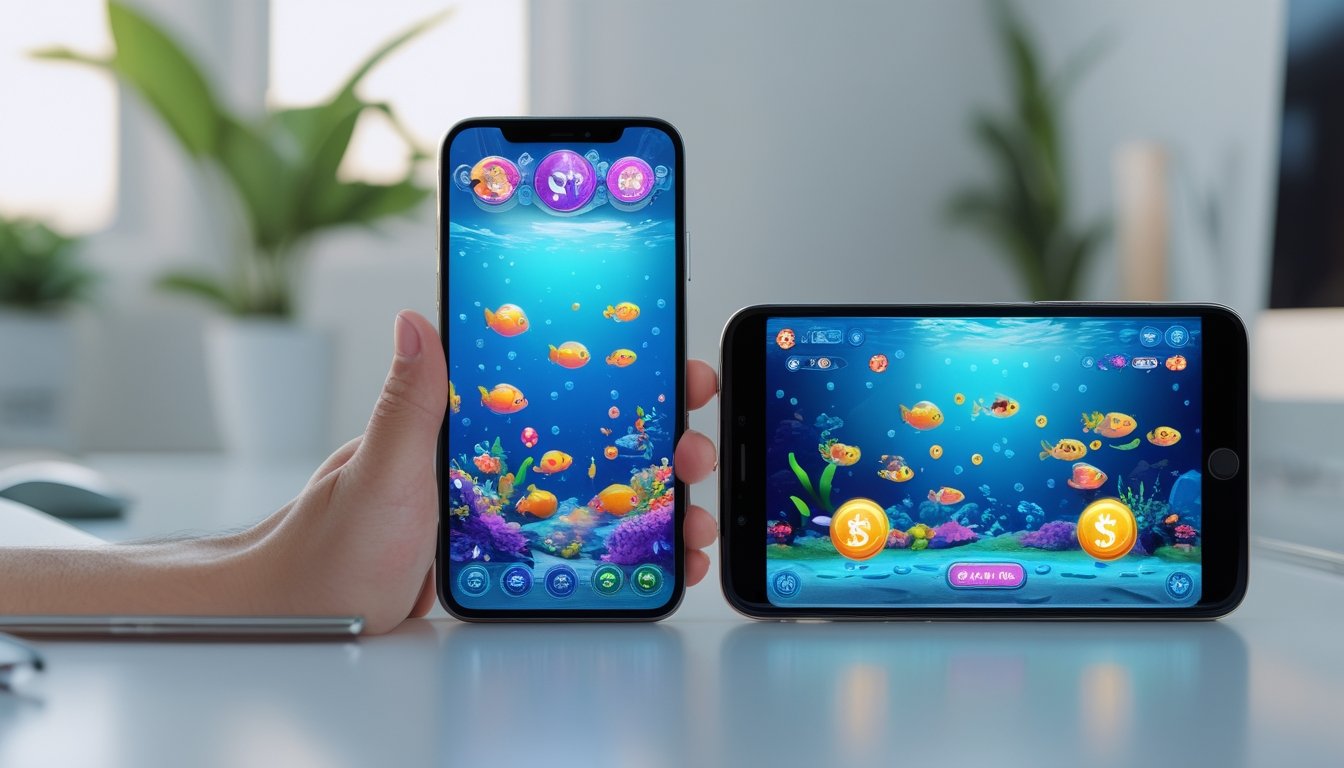 Dua ponsel menampilkan permainan tembak ikan bertema bawah laut di atas meja modern.