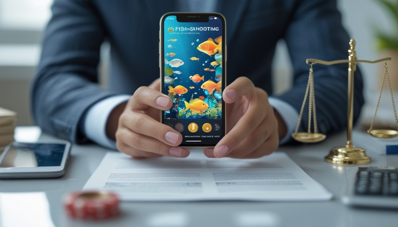 Orang dewasa di Indonesia memegang ponsel dengan tampilan permainan ikan, disertai dokumen hukum dan simbol peringatan keamanan.