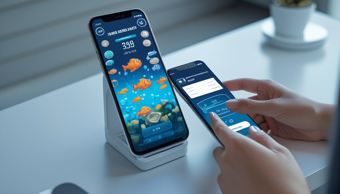 Dua ponsel menampilkan permainan tembak ikan dan proses pembayaran digital.