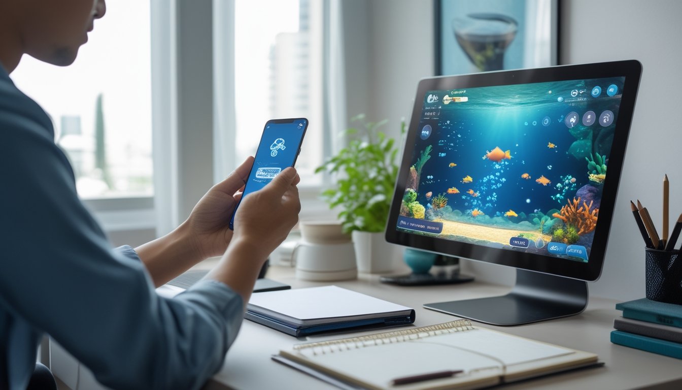 Seseorang menyiapkan pembayaran dompet digital di meja dengan ponsel dan layar permainan ikan berwarna-warni.