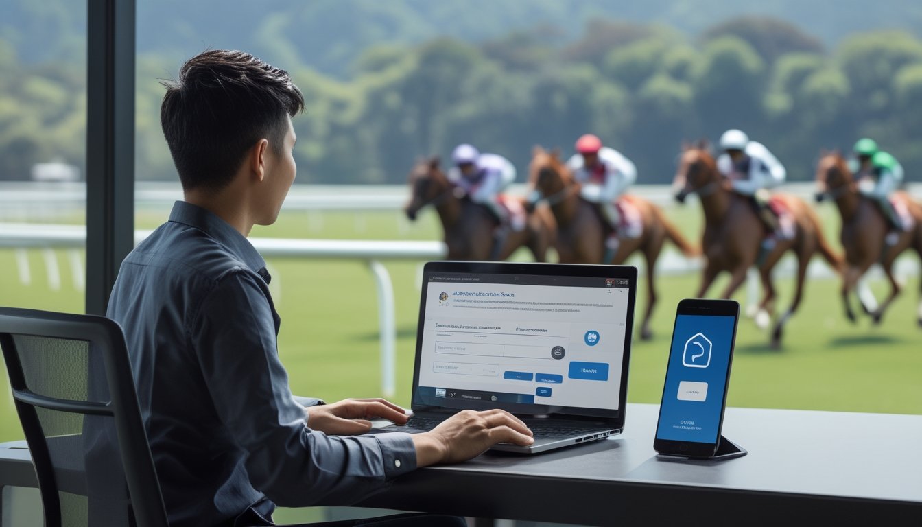 Orang dewasa Indonesia mendaftar akun daring di laptop dengan latar belakang arena pacuan kuda.