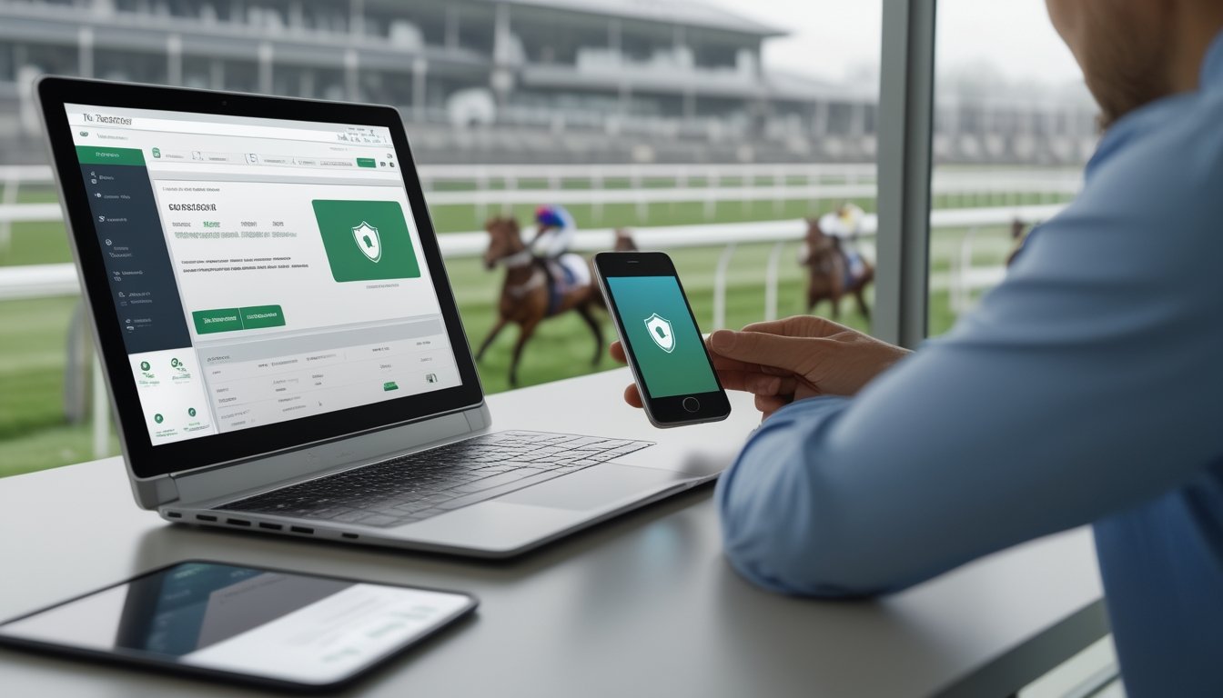 Seseorang memeriksa platform balap kuda melalui laptop dengan simbol keamanan, berlatar arena pacuan kuda.