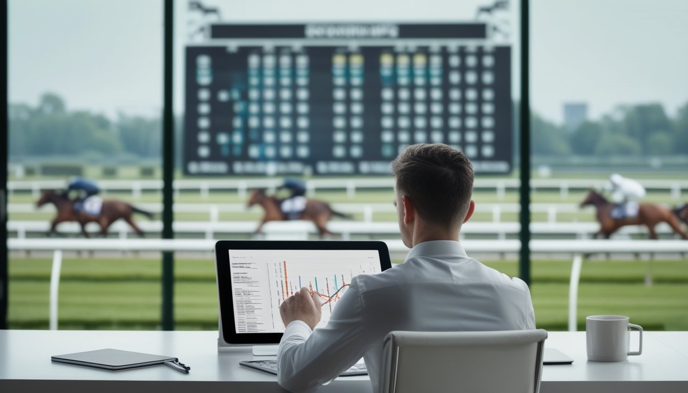 Seorang analis mempelajari data taruhan sambil mengamati pacuan kuda di lintasan.