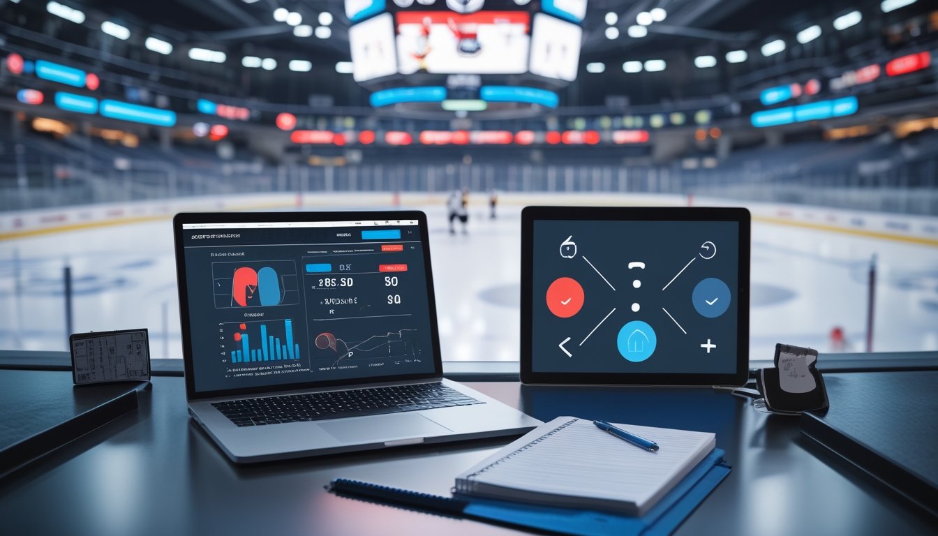 Meja analisis dengan laptop berisi grafik pertandingan hoki es, buku catatan kosong, dan arena hoki di latar belakang.