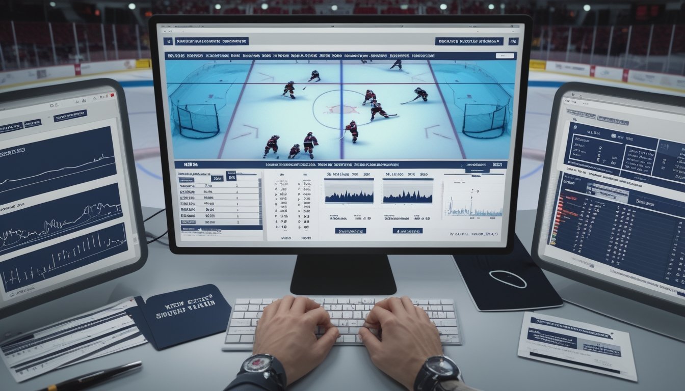Suasana pertandingan hoki es dengan meja analisis yang menampilkan grafik strategi olahraga.