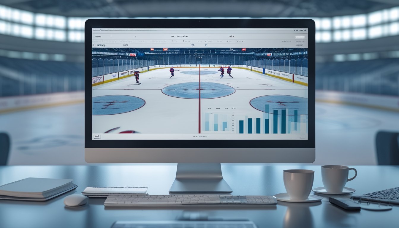 Meja kerja analisis olahraga dengan layar yang menampilkan visualisasi pertandingan hoki es dan grafik abstrak, berlatar arena hoki.