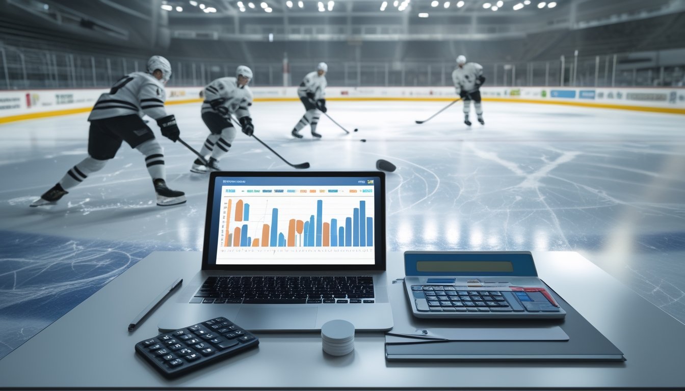 Pemain hoki es bertanding di arena dengan laptop dan tablet analisis di meja depan.