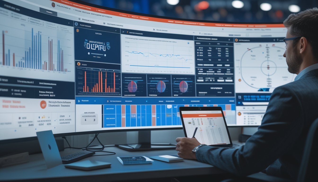 Analis olahraga menganalisis grafik statistik hoki es di ruang kerja modern.