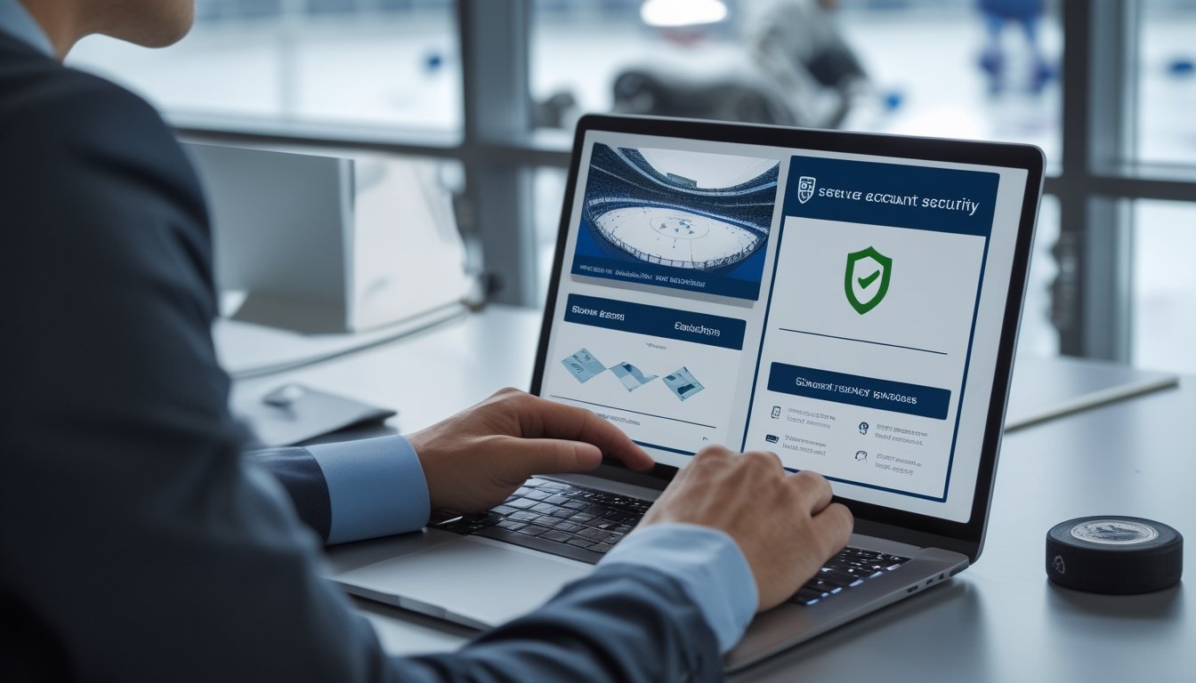 Seseorang memeriksa platform taruhan hoki yang aman di laptop dan ponsel, dengan simbol perisai, dokumen, serta perlengkapan hoki di meja.