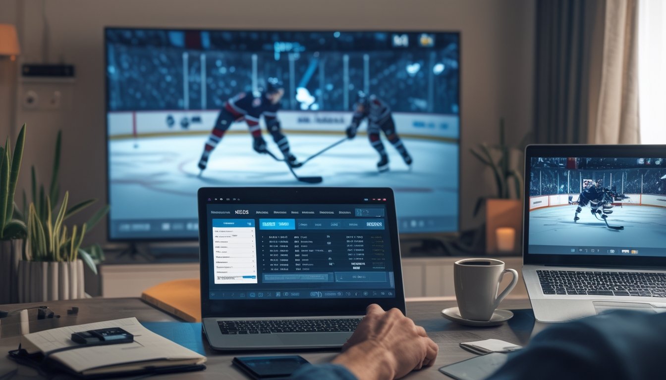 Penggemar hoki es meninjau promosi taruhan gratis di laptop dan ponsel dengan pertandingan hoki terlihat di televisi.