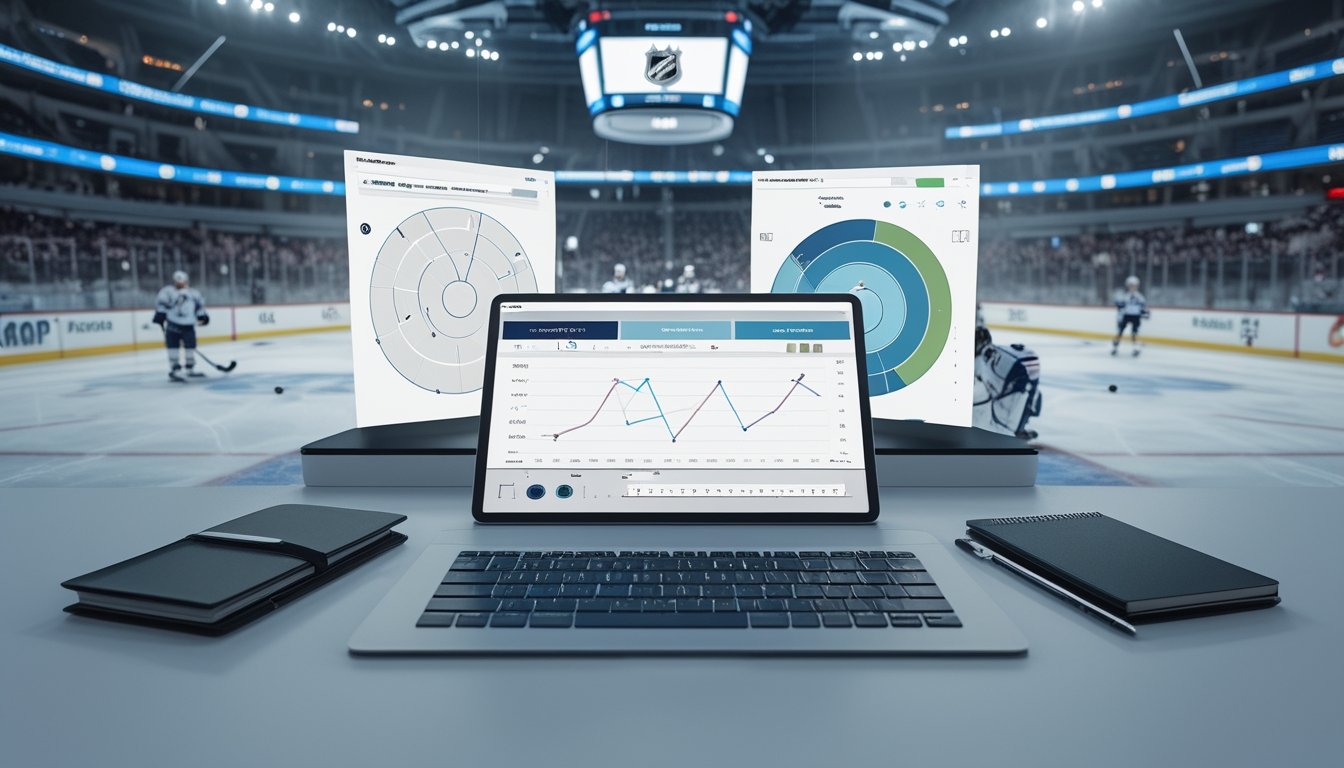Pertandingan hoki es berlangsung di arena dengan meja analisis yang menampilkan grafik abstrak di latar depan.