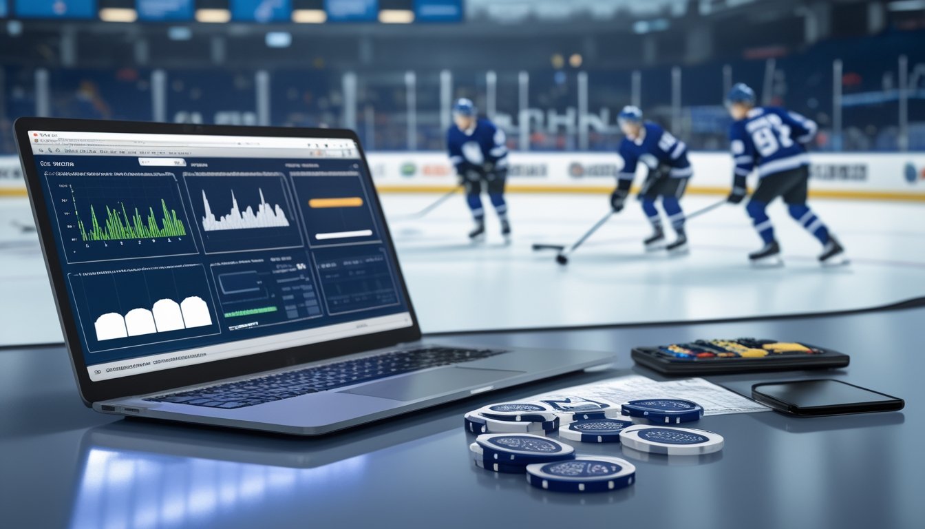 Meja analisis dengan laptop, kalkulator, keping hoki, dan suasana pertandingan hoki es di latar belakang.