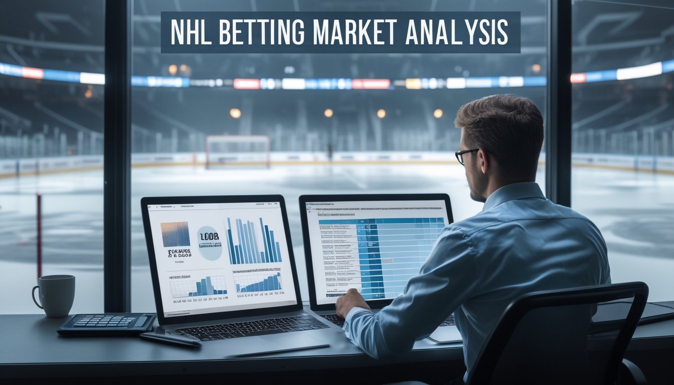 Analis olahraga mempelajari data pertandingan hoki es di meja kerja dengan arena hoki sebagai latar belakang.