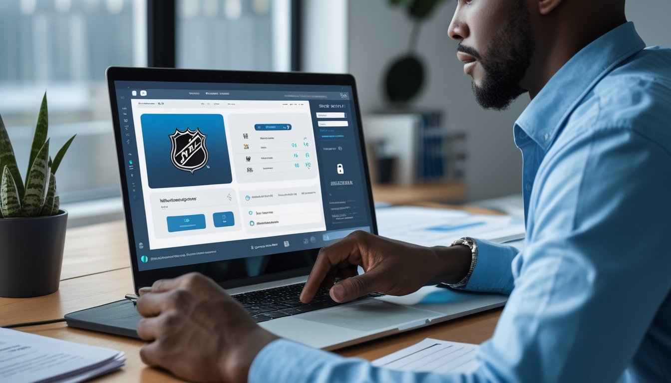 Seseorang meninjau informasi taruhan hoki di laptop dengan simbol keamanan digital dan perlindungan data di sekitarnya.