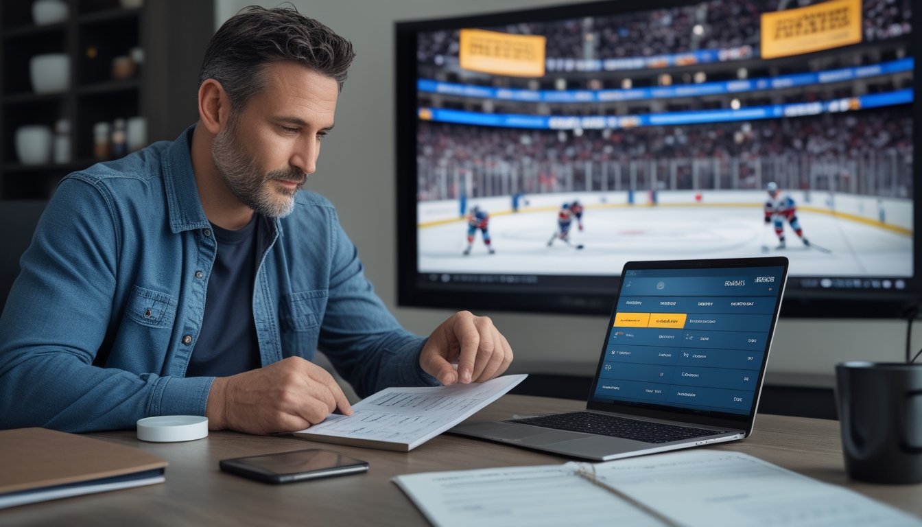 Penggemar hoki meninjau statistik pertandingan NHL di laptop dan ponsel sambil menonton pertandingan di televisi.