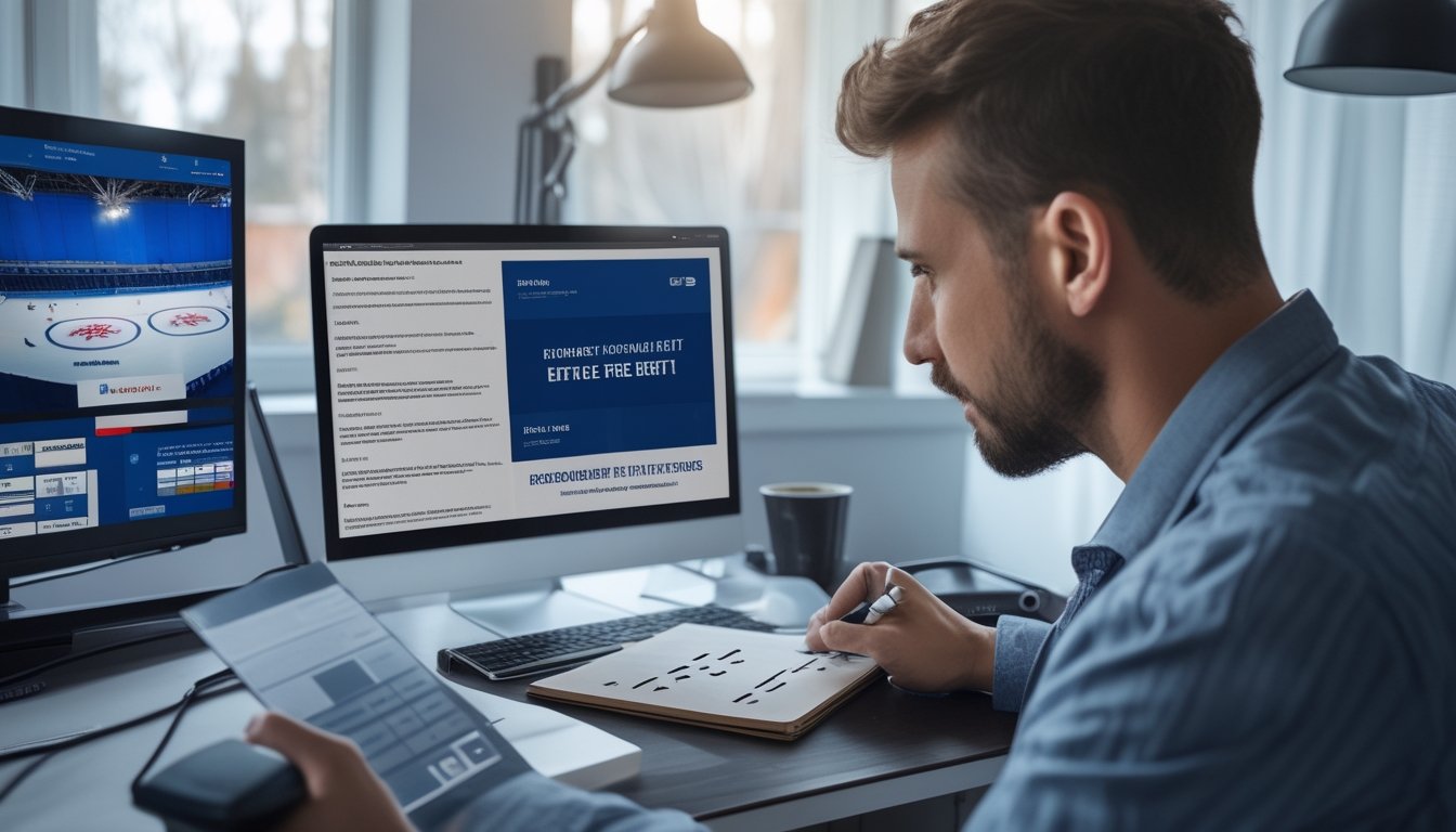 Penggemar hoki dewasa memeriksa syarat promo taruhan di laptop dan ponsel di meja kerja.