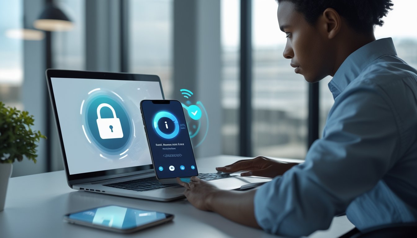 Pengguna mengakses platform digital dengan laptop dan ponsel, disertai simbol keamanan dan koneksi internet.
