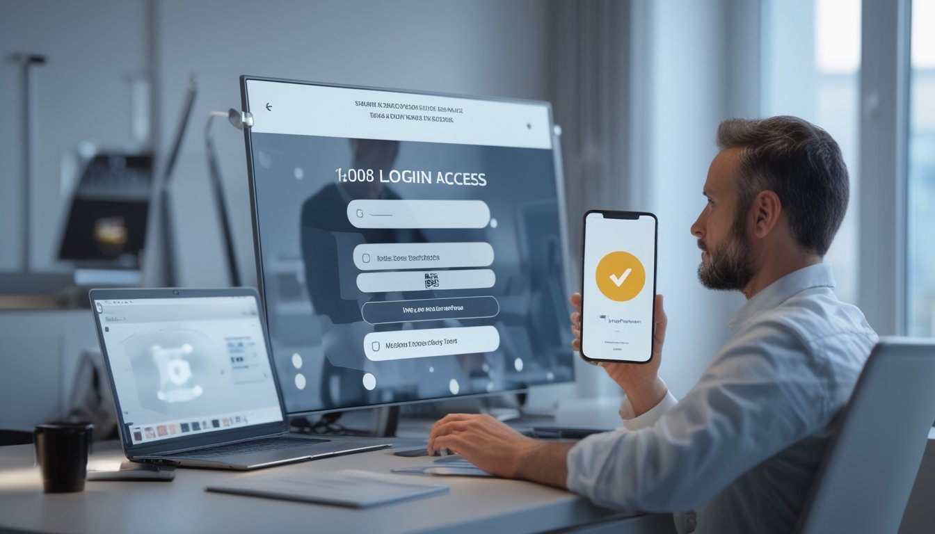 Pengguna memeriksa laptop dan ponsel saat dibantu menyelesaikan masalah akses login.