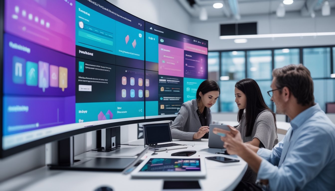 Beberapa analis dewasa membandingkan platform permainan digital menggunakan laptop, tablet, dan layar besar di studio modern.