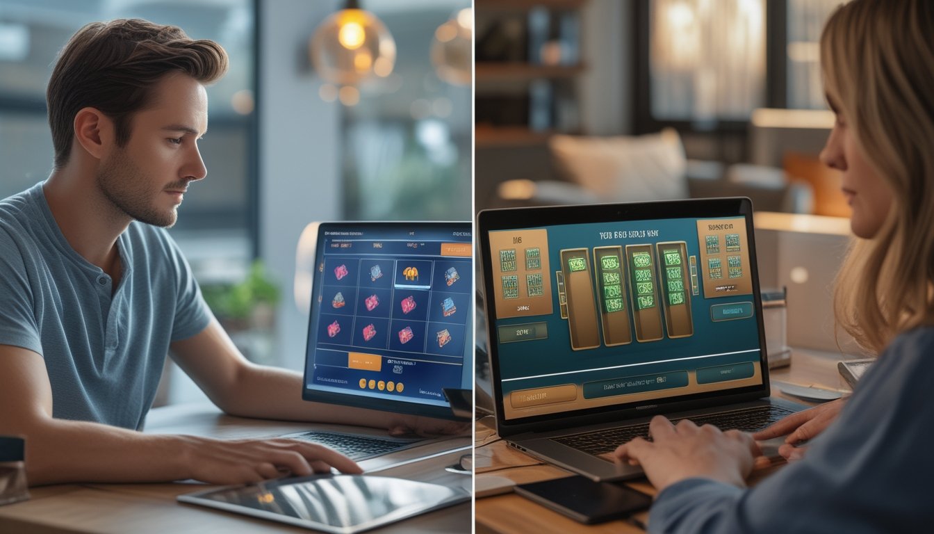 Dua pengguna membandingkan akun demo dan akun asli pada dua laptop dalam komposisi berdampingan.