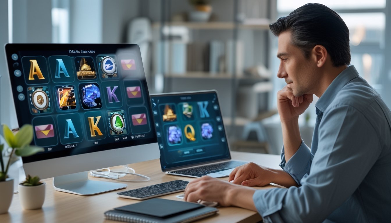 Seseorang membandingkan tampilan akun latihan dan akun asli pada laptop dan ponsel di meja kerja.