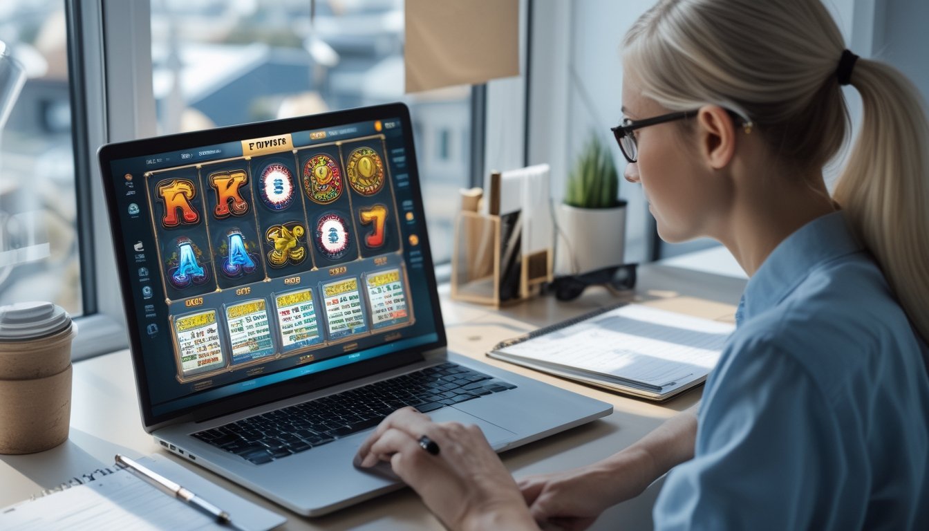 Seorang pemula mempelajari antarmuka permainan slot daring di laptop dengan catatan kosong di meja.
