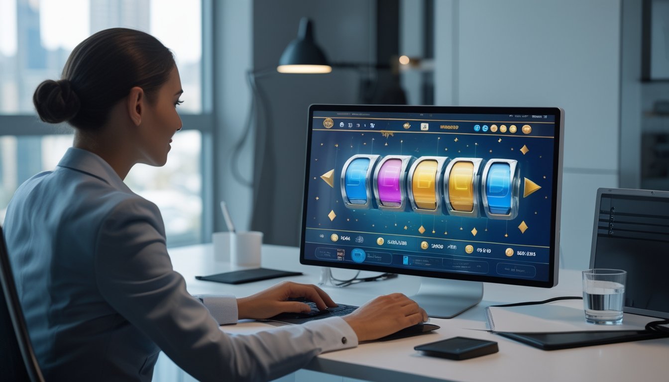 Seorang profesional dewasa menganalisis tampilan permainan slot digital di laptop dalam ruang kerja modern.